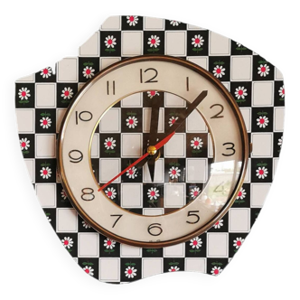 Horloge vintage pendule murale silencieuse asymétrique "Fleurs damier noir blanc"