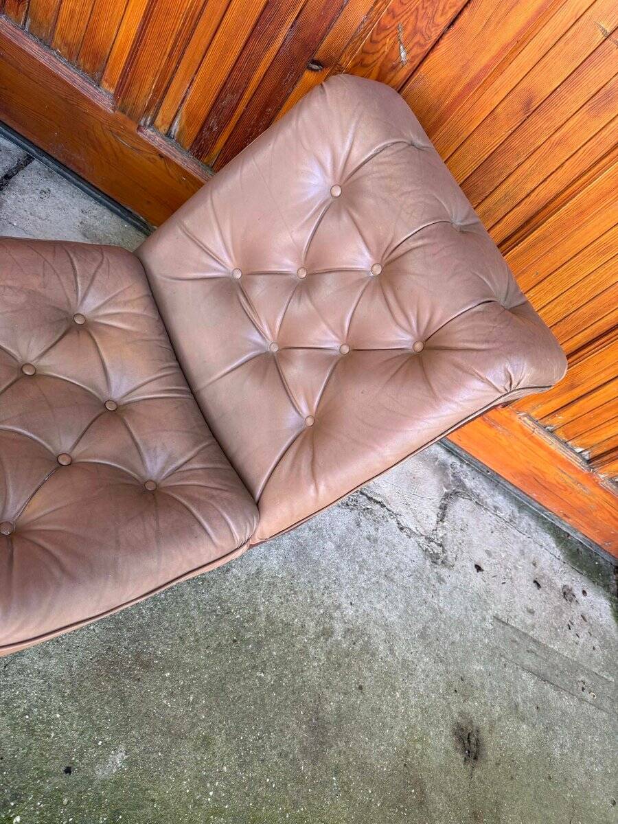 Pair of Mid-Century armchairs in brown leather and fabric, 1960s, Czech Republic.
