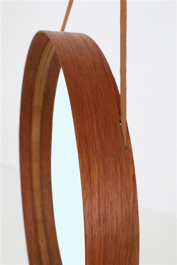 Rare round "#103" wall mirror / teak, leather, brass / by Glas Mäster, Markaryd, Sweden / 1960s / 1970s / Mid-Century Modern Design