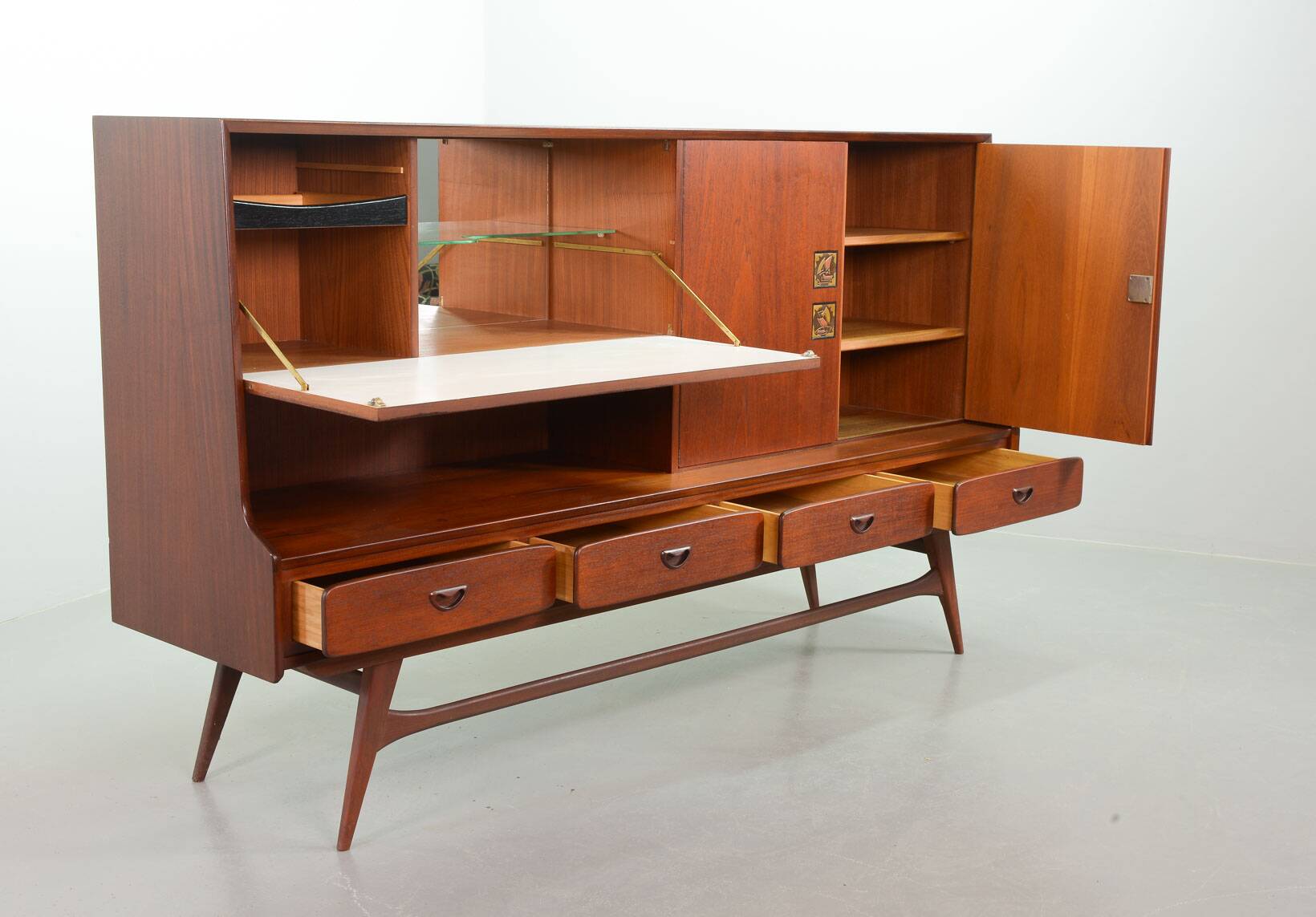 Louis van Teeffelen Vintage Design Teak Wooden High Sideboard for Webe 60s