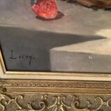 Still life with fruits (strawberries/pumpkin), on canvas frame with gilded baroque frame
