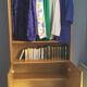 Dressing vintage Scandinavian style in light wood with wardrobe and cupboard.