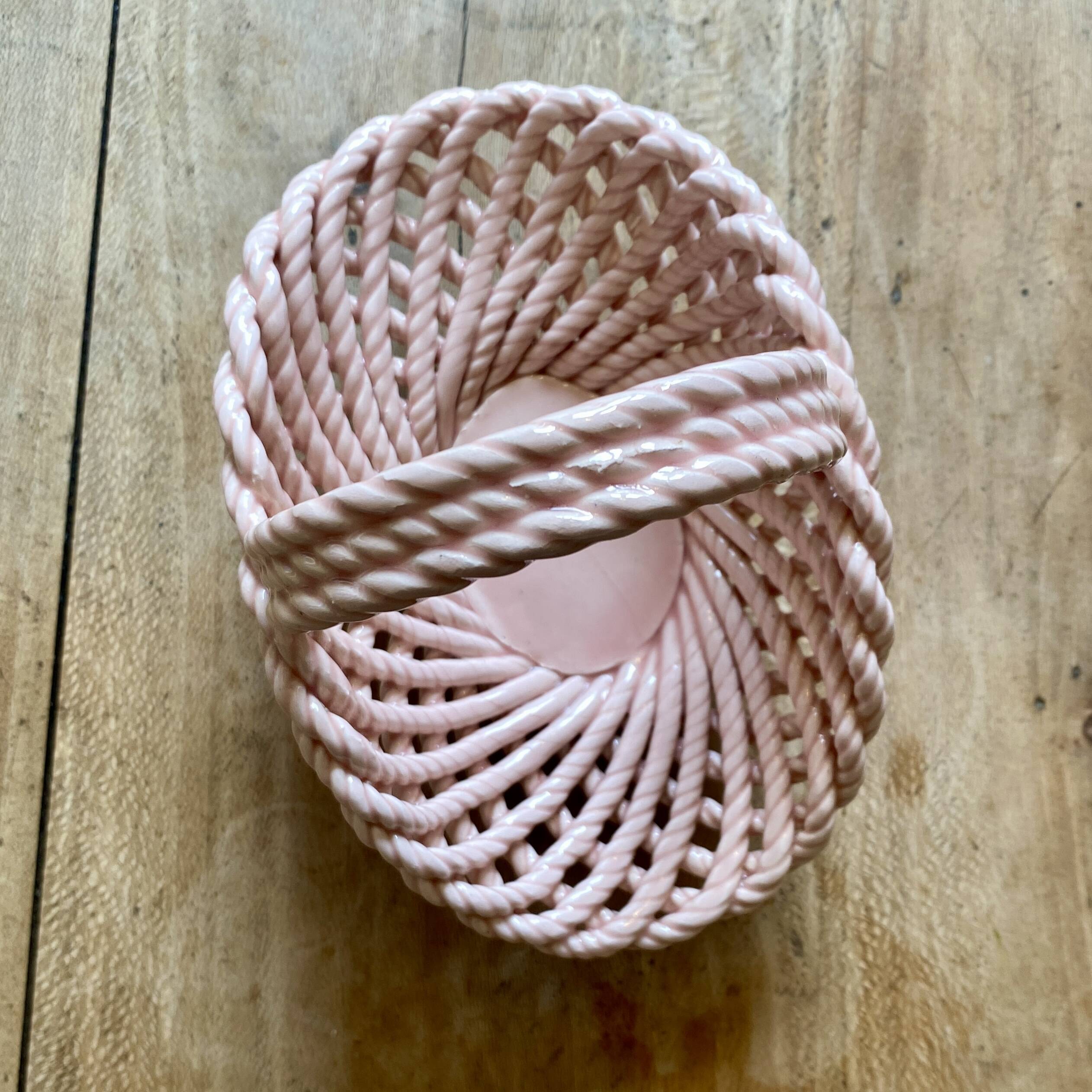 Vintage pink woven ceramic basket