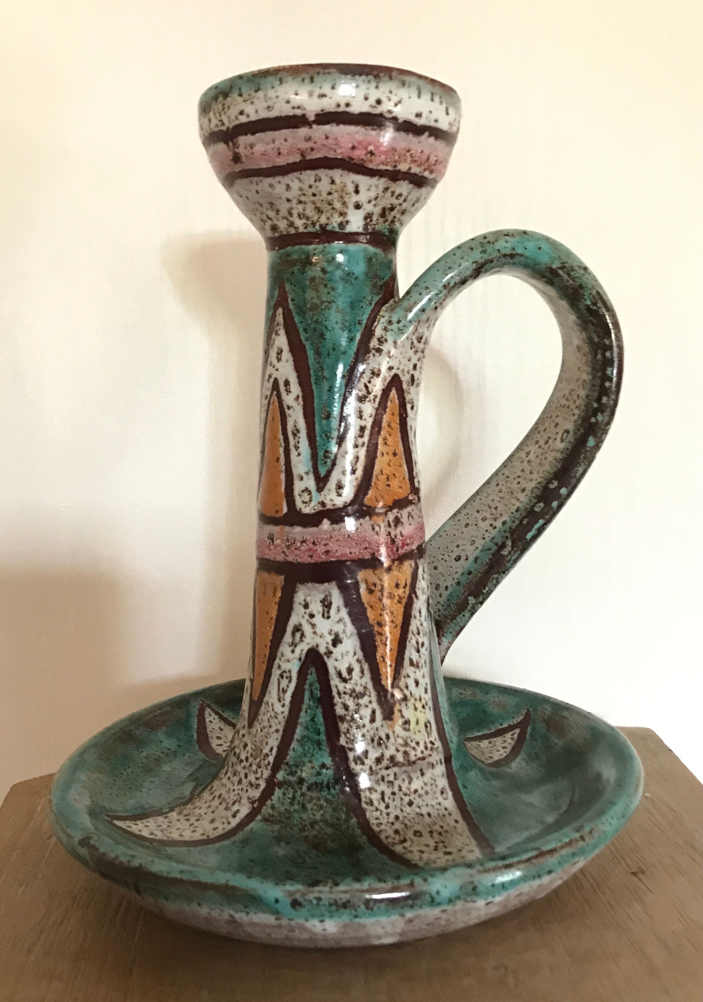 Hand candleholder in enamelled ceramic, polychrome paint, art deco, numbered