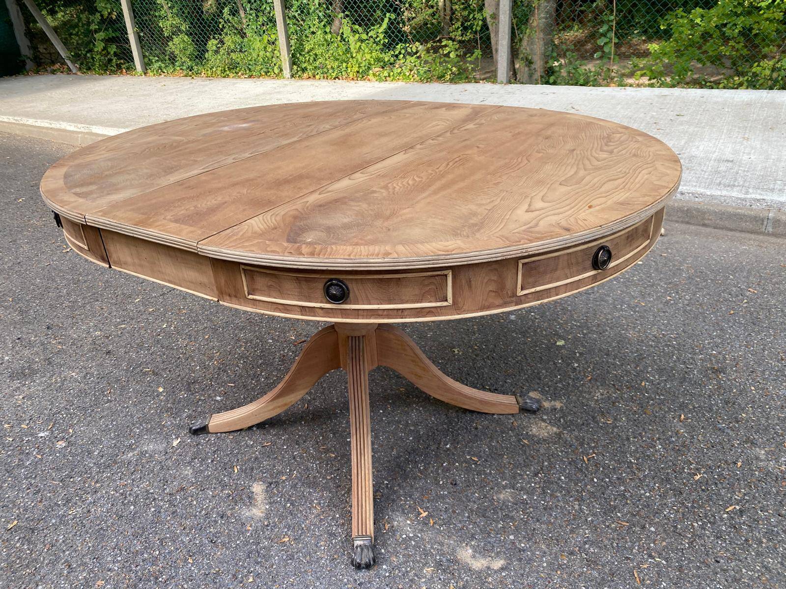 Round extendable dining table Regency central leg stripped mahogany 1960