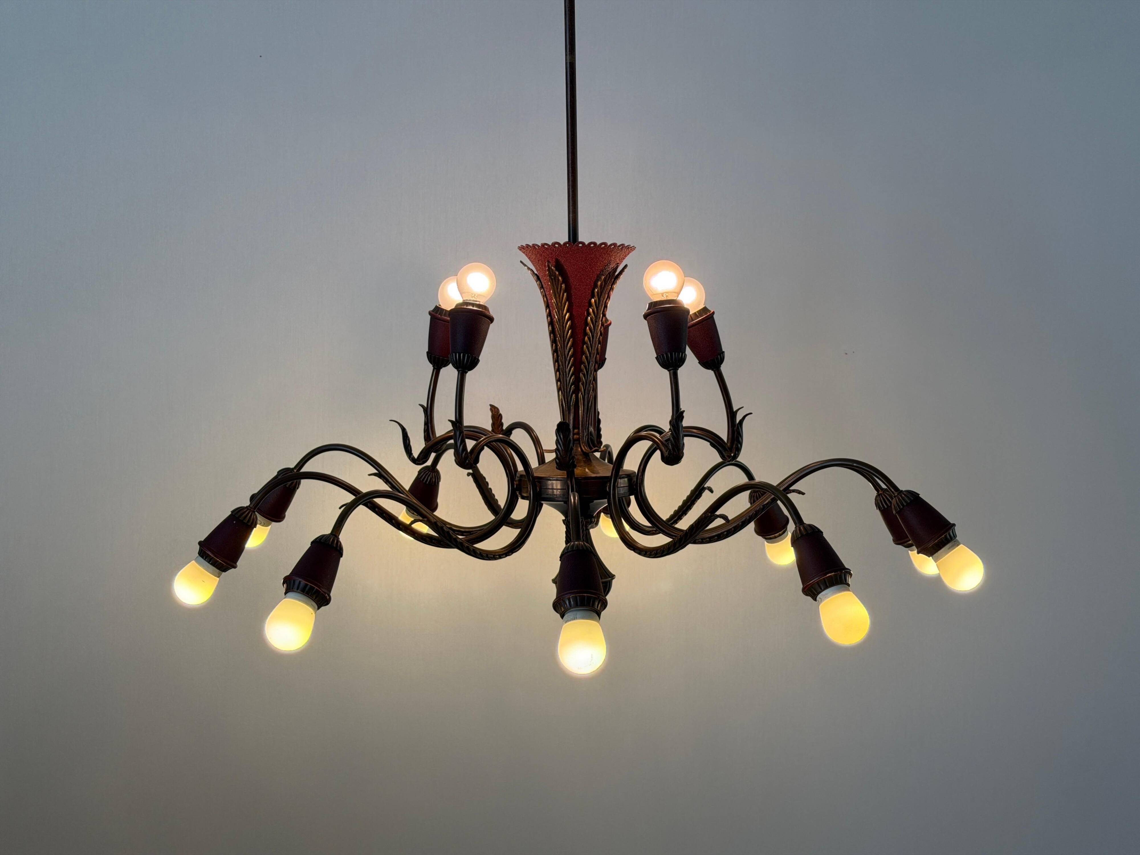 Large Burgundy brass chandelier with 15 arms, 1950, Italy