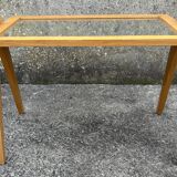 Small coffee table, wood, compass legs and mirror, vintage, 1960s