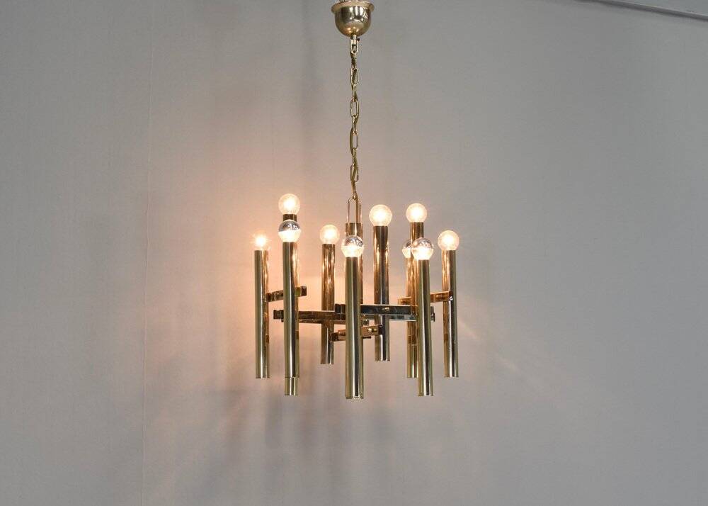 Italian brass chandelier 12 spot pendant lamp by Gaetano Sciolari, 1970s