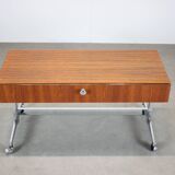 Restored Danish teak rolling media console, 1970s.