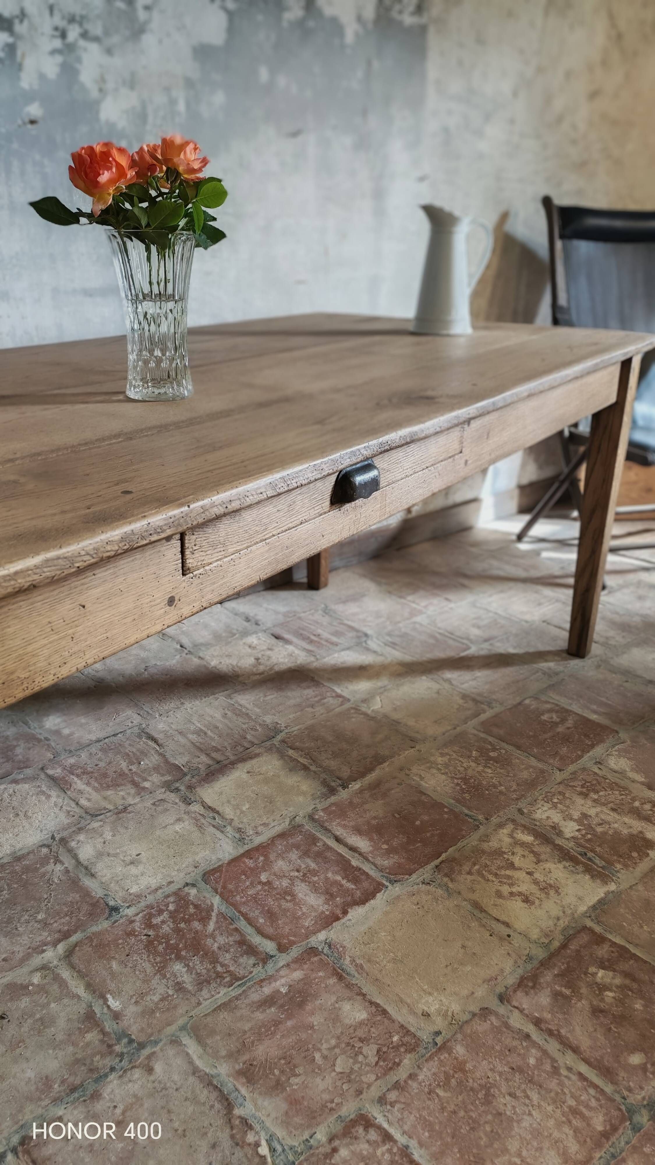 Solid oak farmhouse table "raw" 247x89, "chocolate oak" top