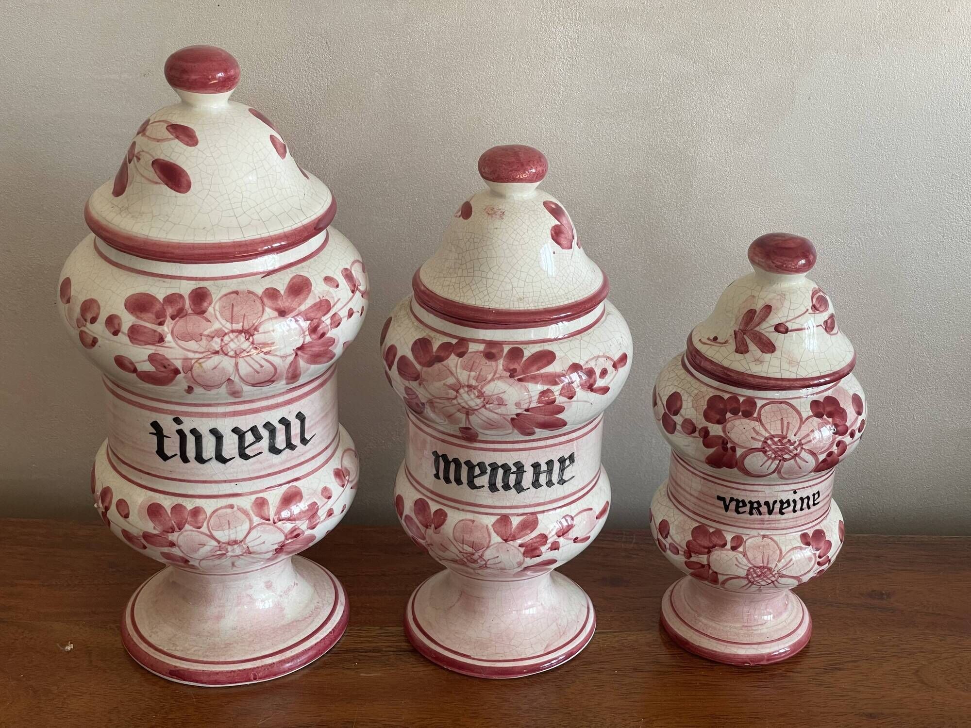 Trio of apothecary pots mint, verbena linden