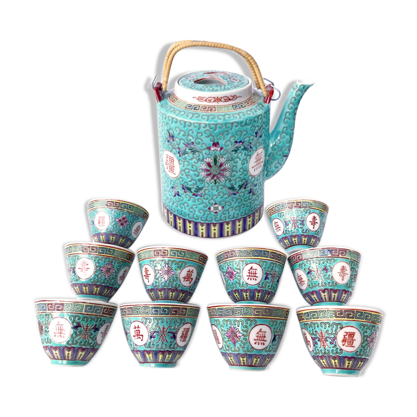 Chinese porcelain tea service with wicker basket