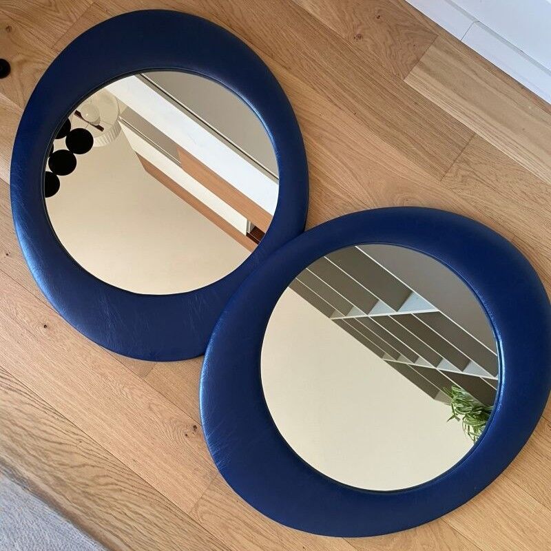 Oval wall mirror 1970s blue faux leather