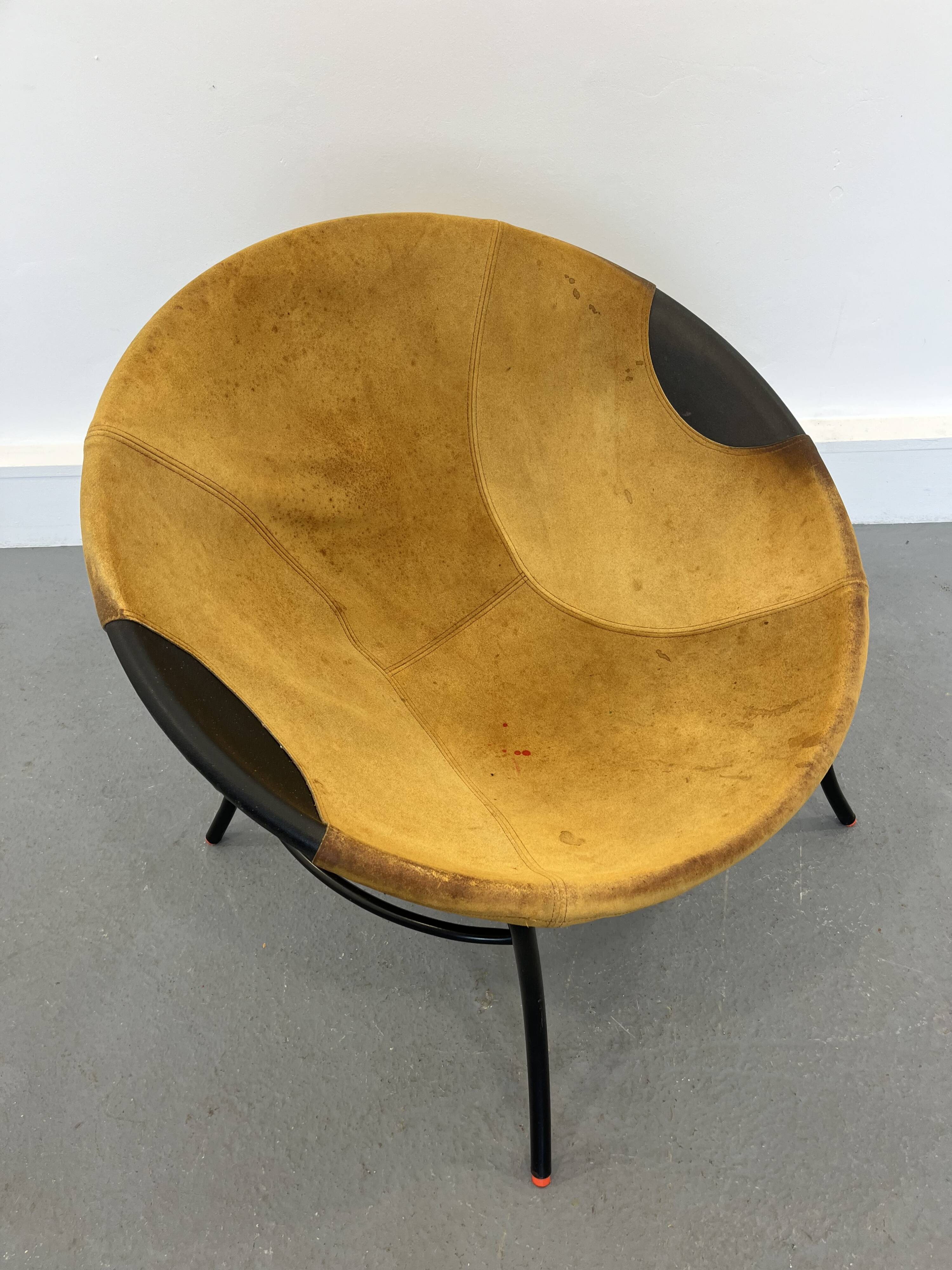 Italian Tan Suede and Black Leather Saucer Chair