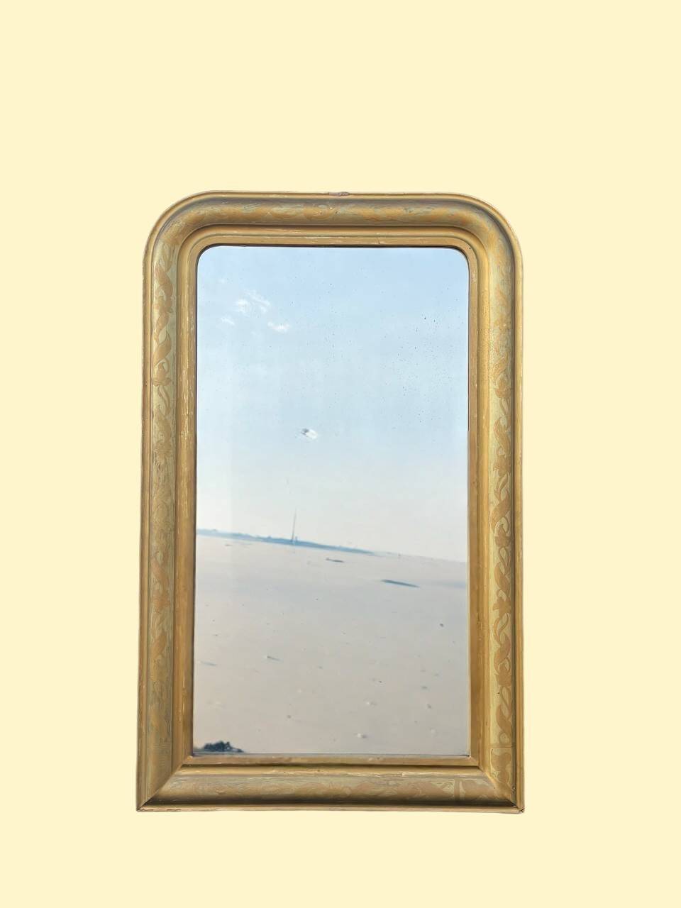 Grand miroir ancien français doré à décor floral peint