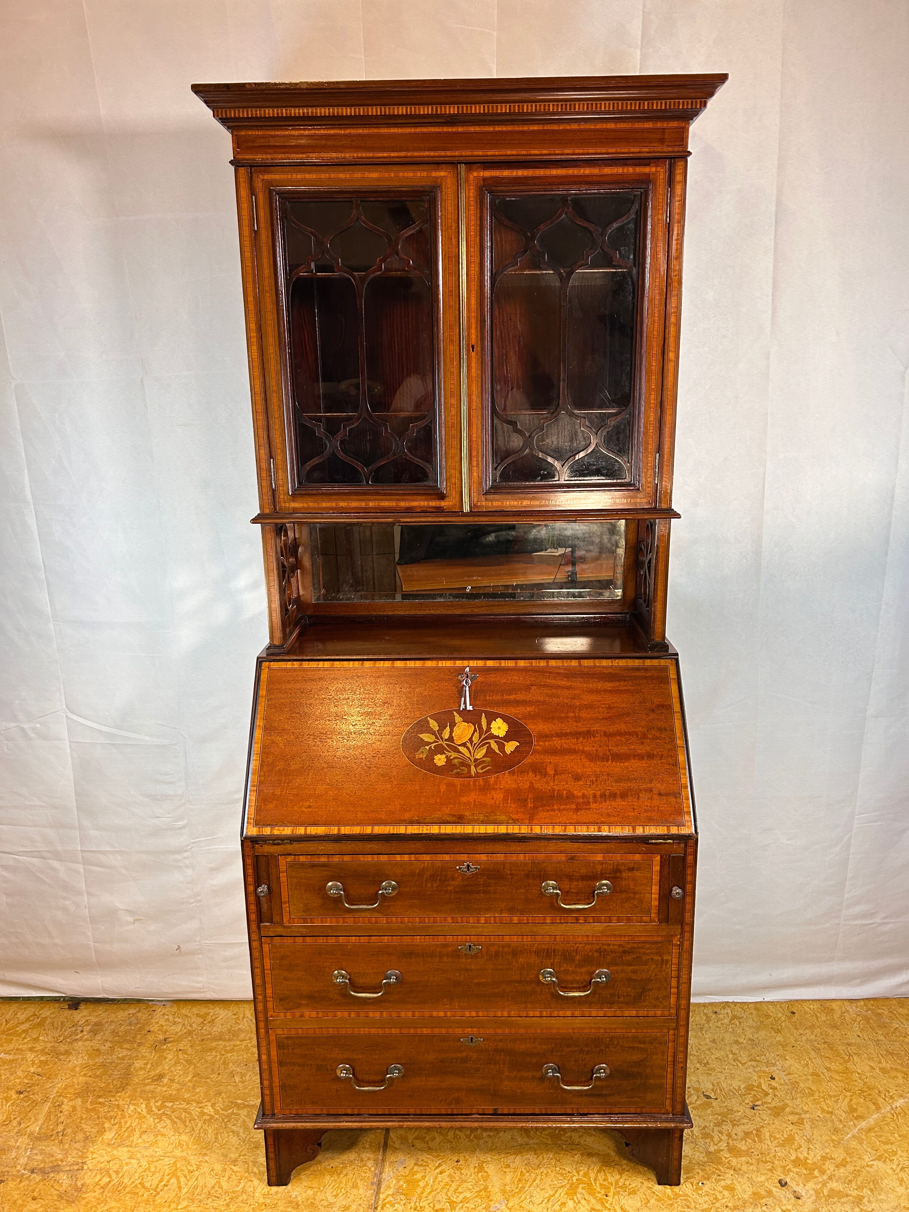 Antique Edwardian Bureau Bookcase with Inlaid Floral Detail – Early 20th Ce