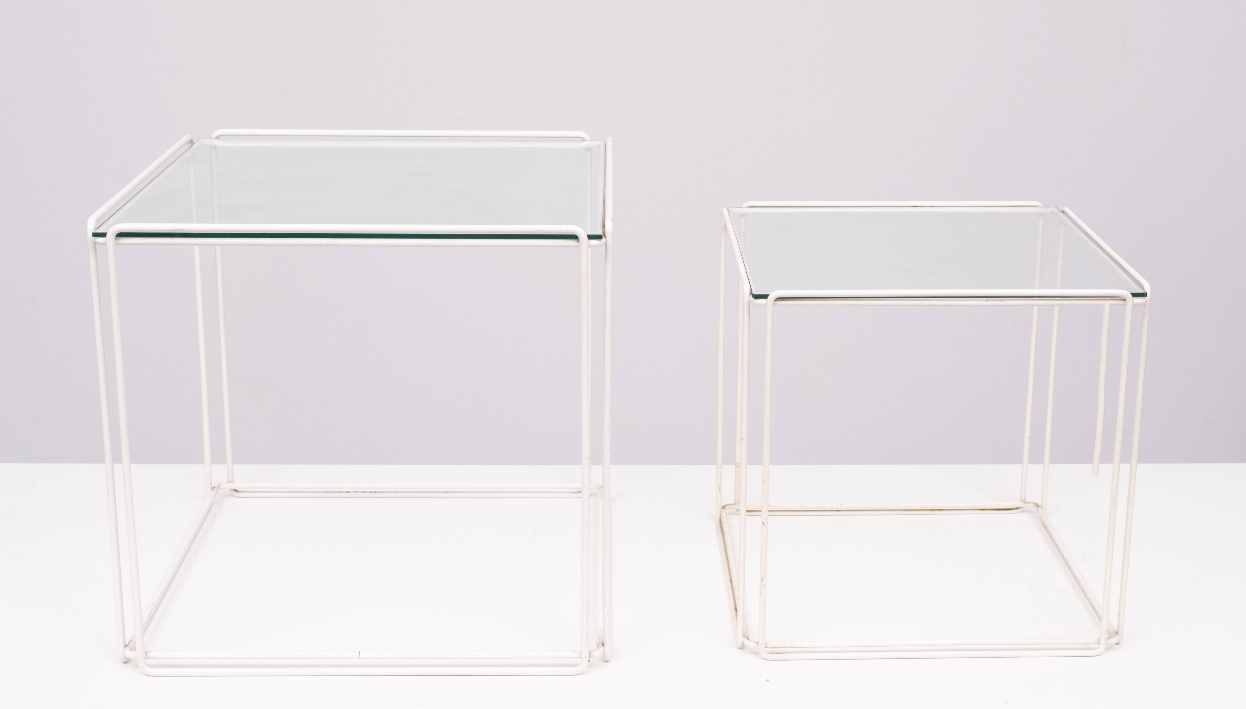 Isocele White and Clear Glass Nesting Tables Max Sauze for Max Sauze studio