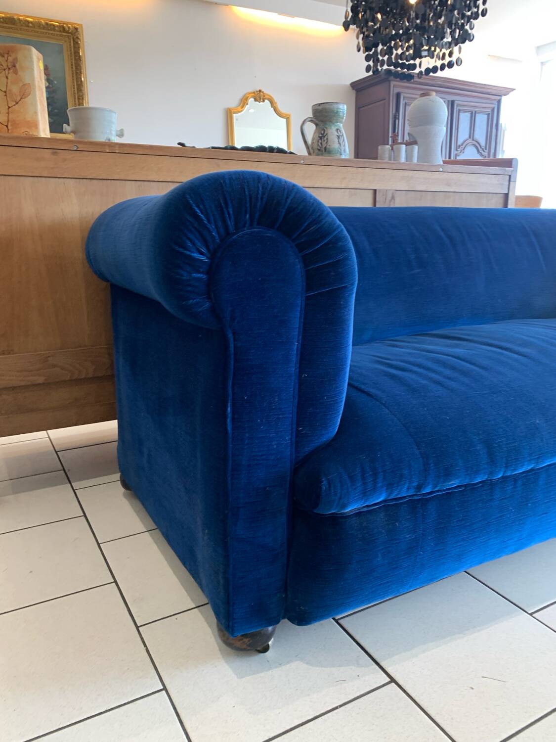 English Velvet Sofa, Blue, Circa 1950s Vintage