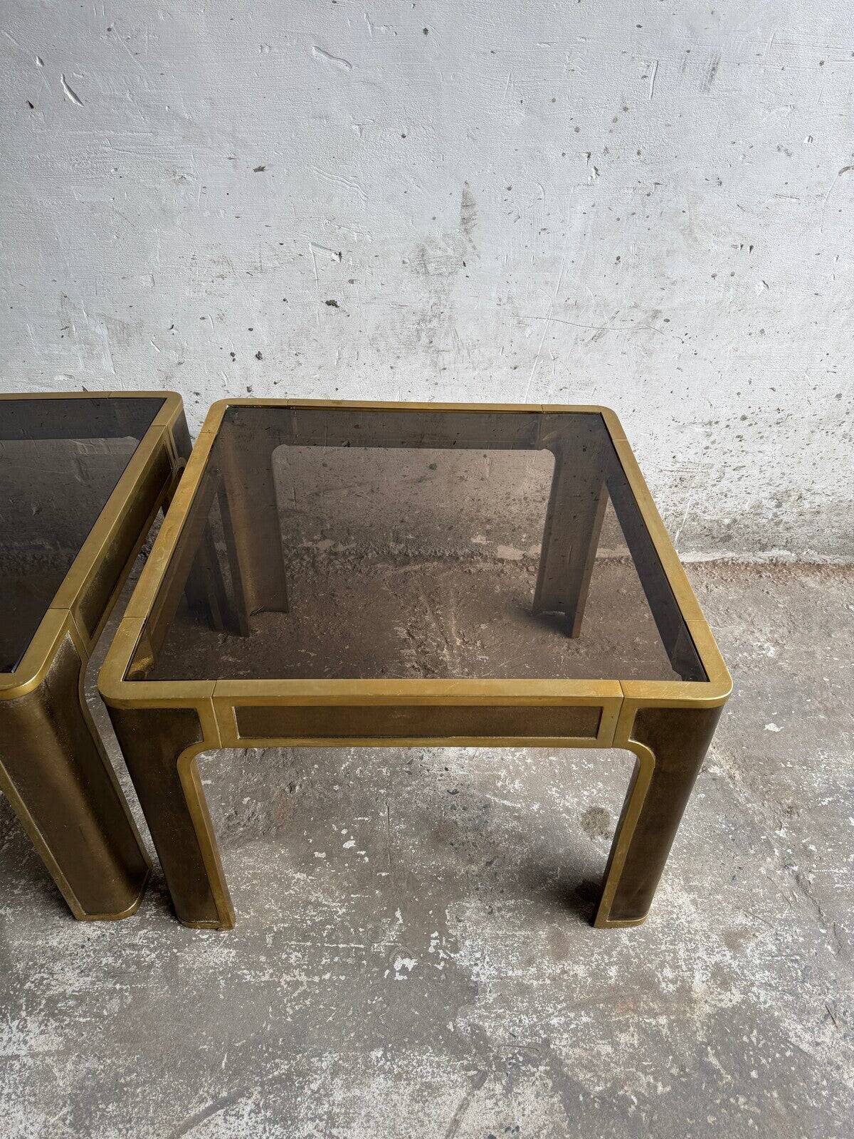 Pair of Gold Bronze Side Tables with Smoked Glass Tops — Solid Bronze, 1970s Belgian Design