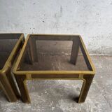 Pair of Gold Bronze Side Tables with Smoked Glass Tops — Solid Bronze, 1970s Belgian Design