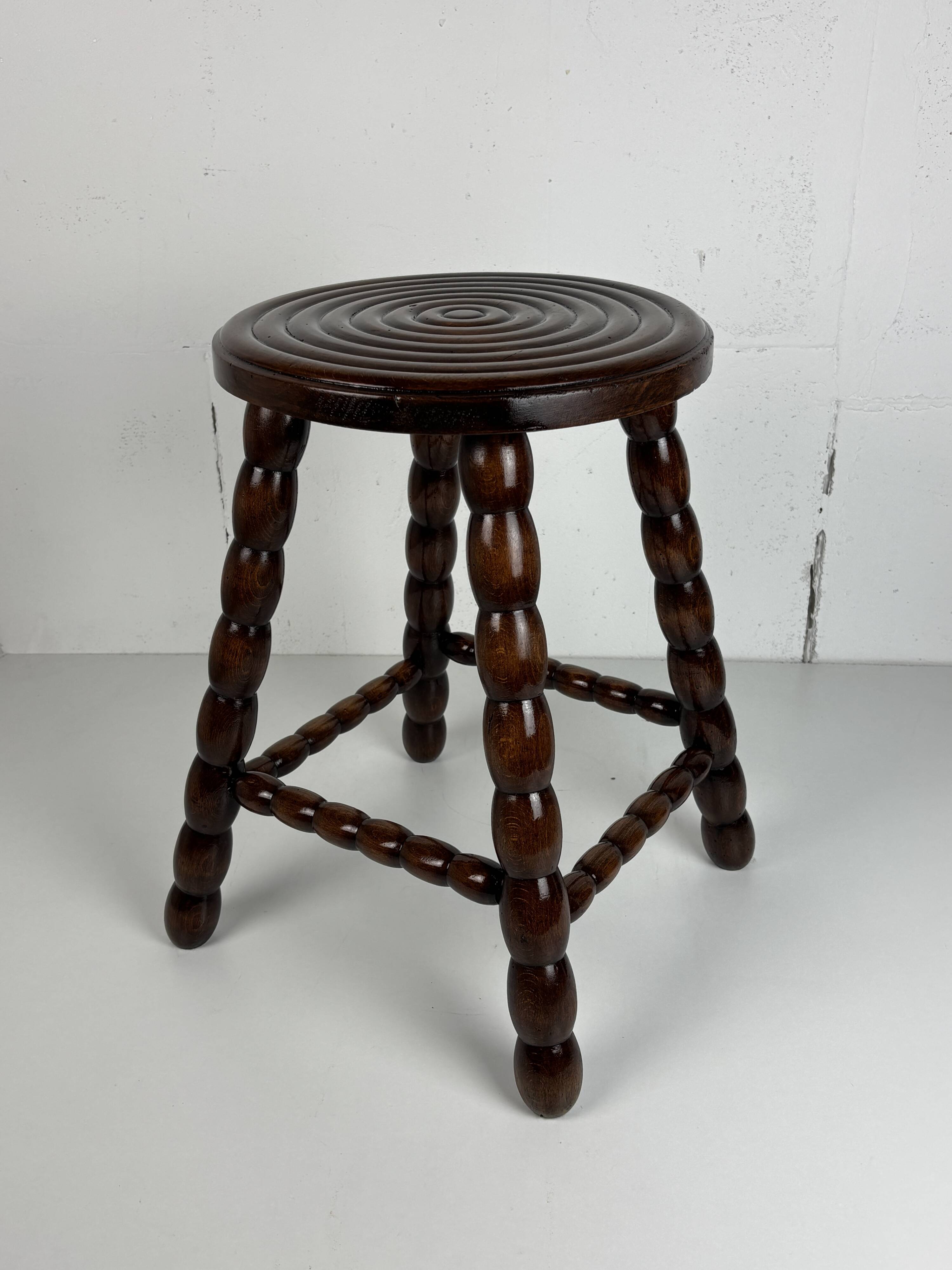 Midcentury bobbin wood turned stool, Charles Dudouyt style, France, 1950s