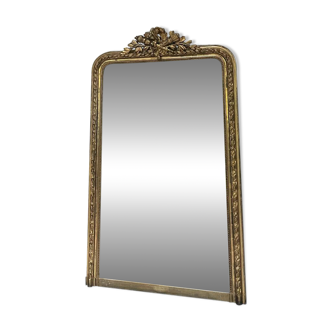Miroir ancien de cheminée Louis-Philippe à fronton et perlé 174,5cm