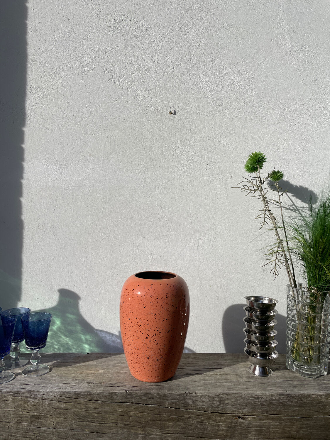 Large West German speckled salmon and black ceramic vase