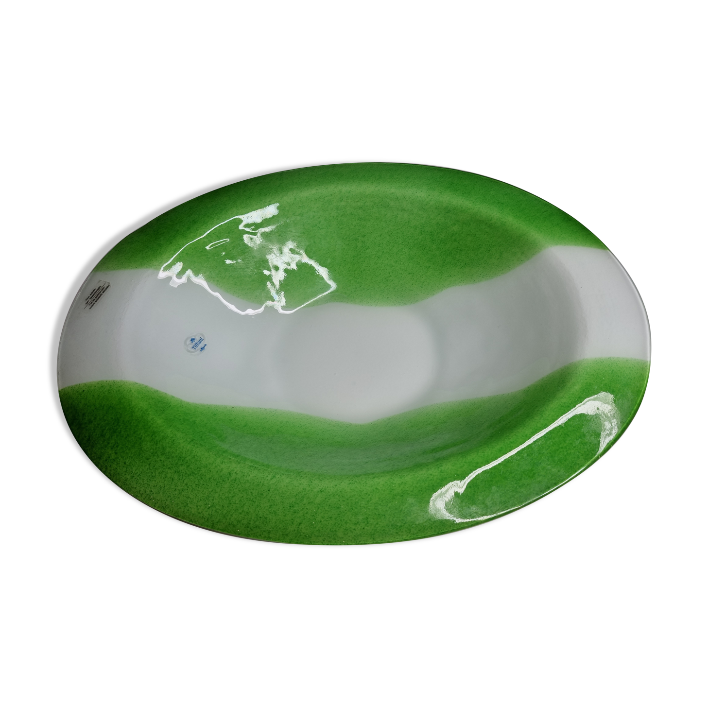 Plat décoratif ovale en pâte de verre, vert prairie et blanc, 45 cm