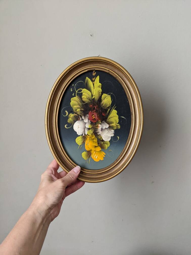 Tableau ovale acrylique sur bois cadre doré nature morte fleurs campagne