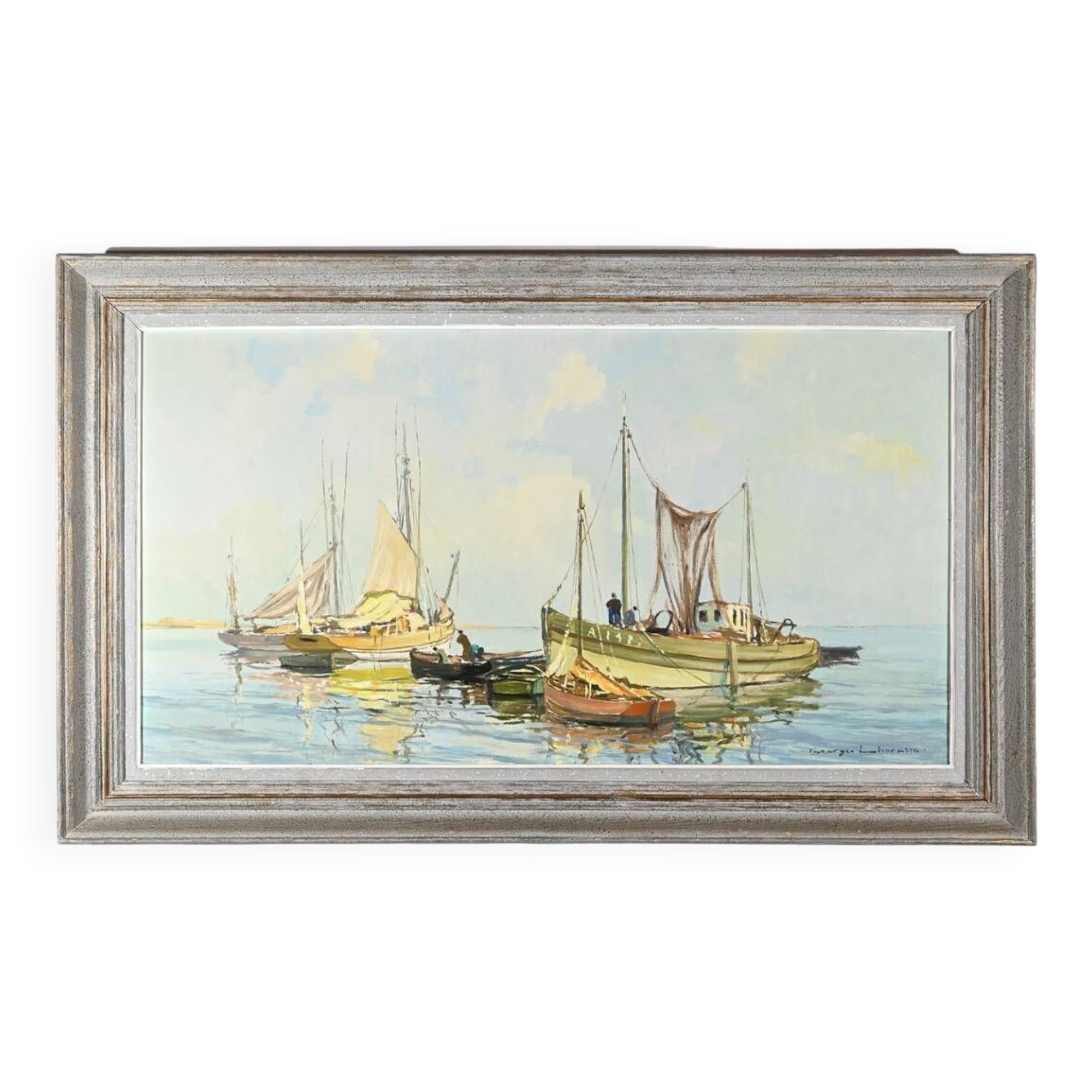 Oil Painting on Hardboard “Trawler and Tuna Boats”, signed G.Lhermitte – Mid 20th century