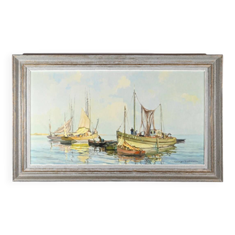 Oil Painting on Hardboard “Trawler and Tuna Boats”, signed G.Lhermitte – Mid 20th century
