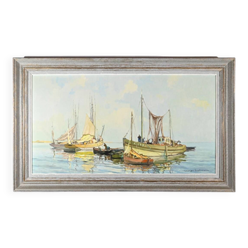 Oil Painting on Hardboard “Trawler and Tuna Boats”, signed G.Lhermitte – Mid 20th century