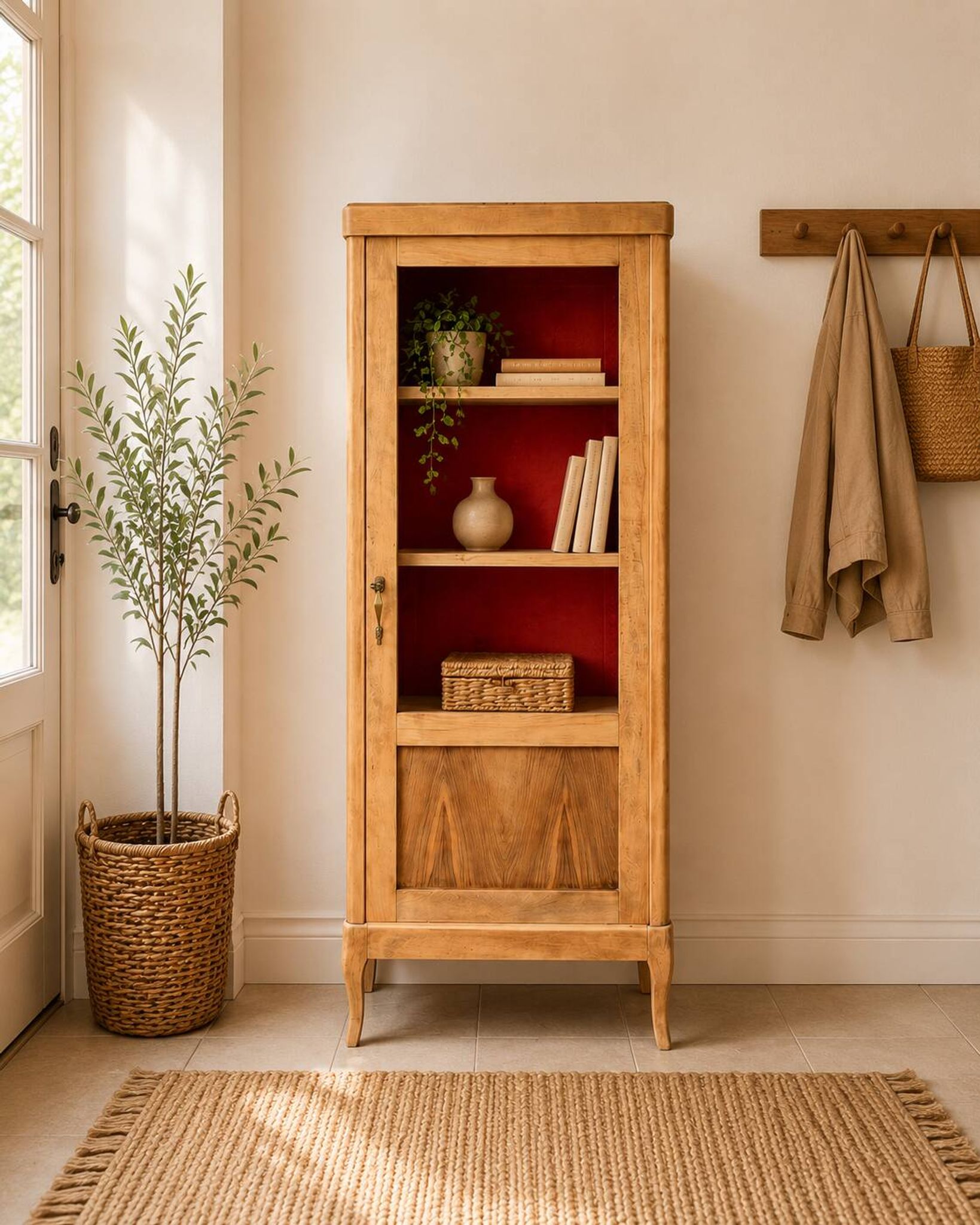 Armoire vitrée vintage bois brut 1950