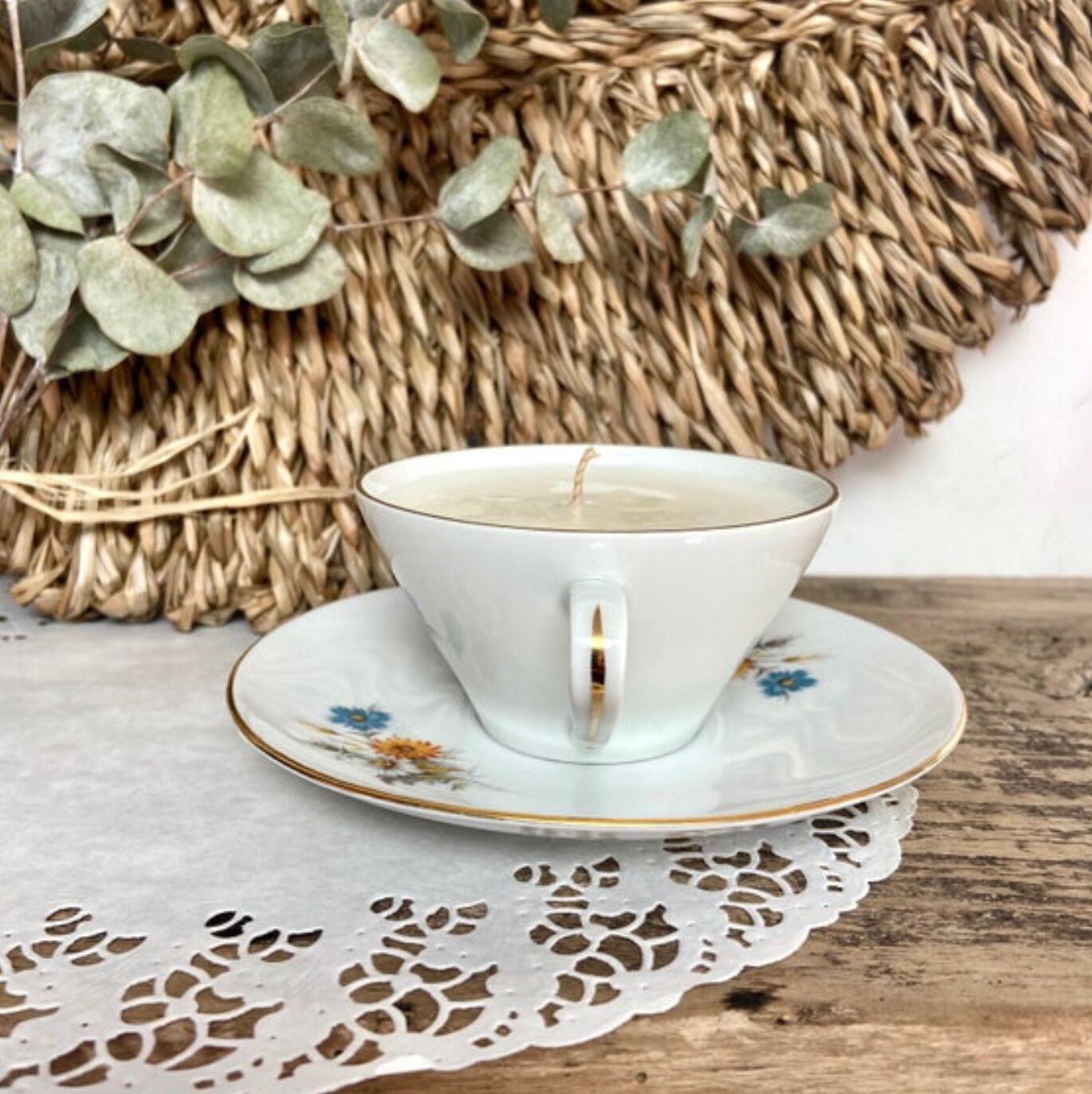 Natural soy wax candle and porcelain cup