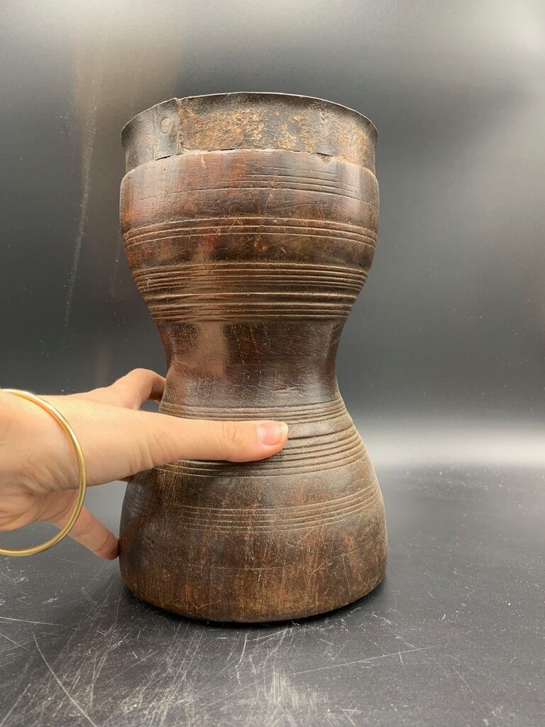 Ancient turned wood grain measurement and wrought iron hooping, India