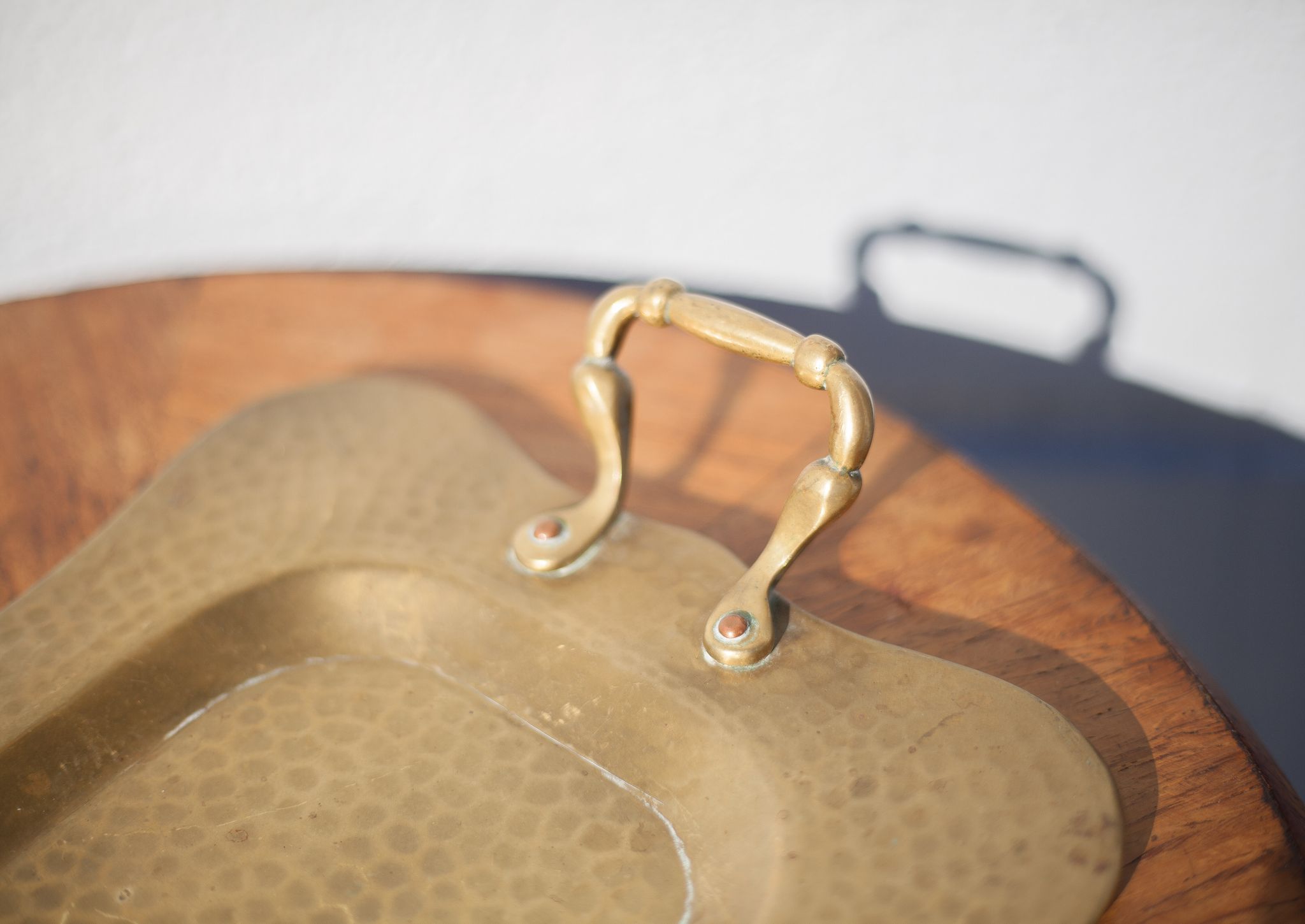 Vintage brass top, E.Roblin Villedieu Manche, handle tray, tableware, hammered top