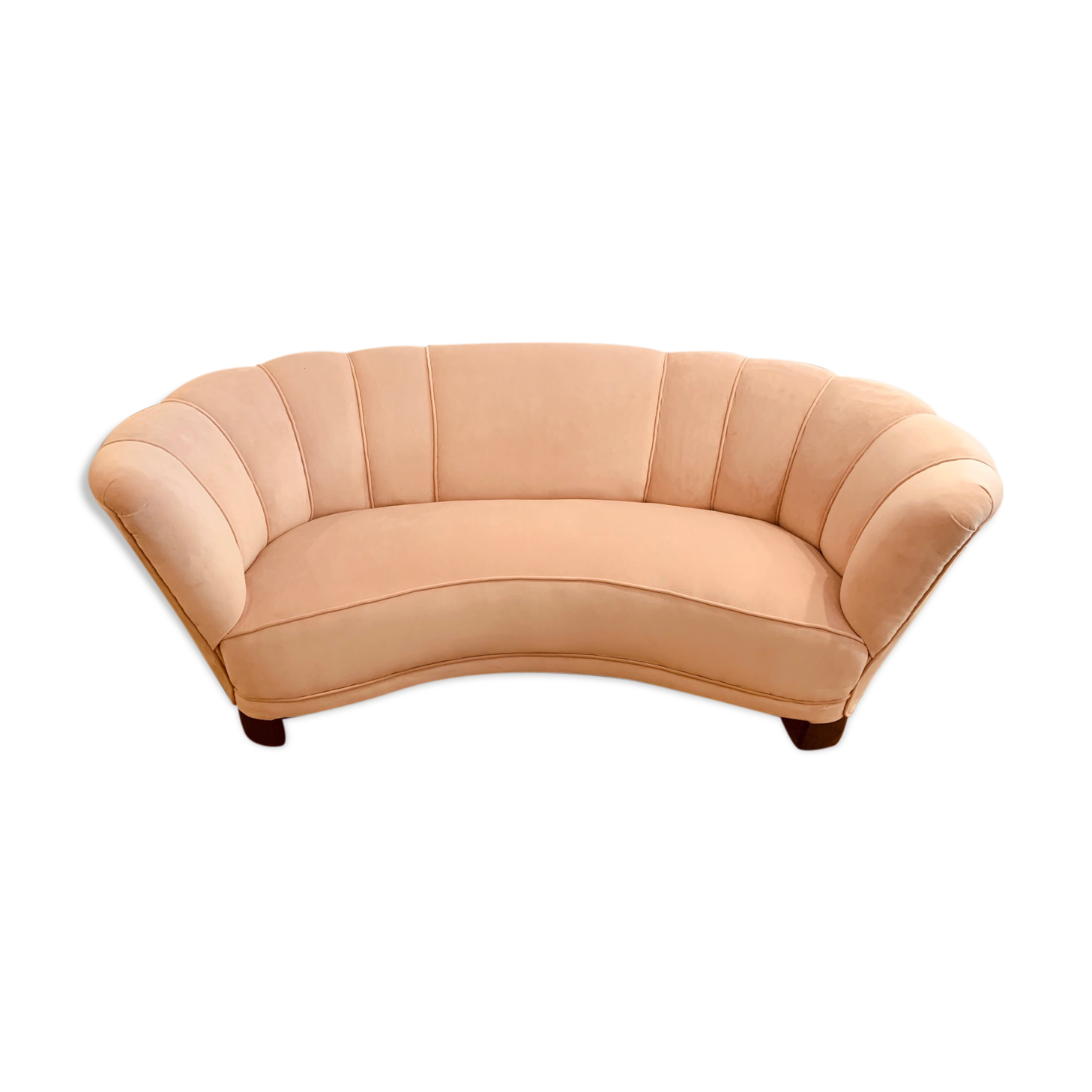 1940s Danish Banana Shaped Scalloped Sofa in Blush Pink