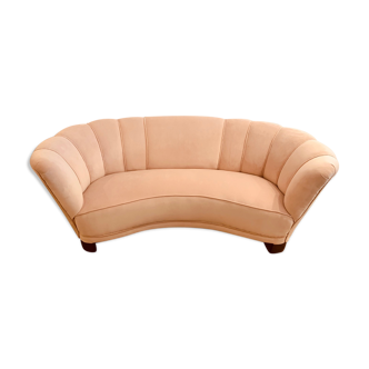 1940s Danish Banana Shaped Scalloped Sofa in Blush Pink