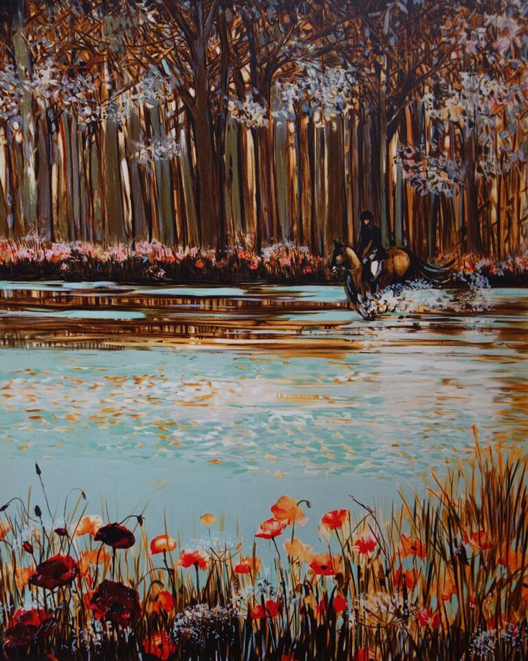 Michel Henry : Cavalier dans le sous-bois aux coquelicots, lithographie originale signée