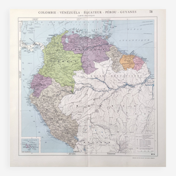Vintage map Colombia Venezuela Ecuador Guyanas 43x43cm from 1950