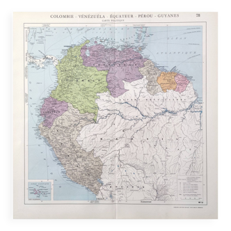 Carte vintage Colombie Venezuela Equateur Guyanes  43x43cm de 1950