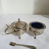 Ancien Saleron et Moutardier en Métal Argenté et Verre Bleu