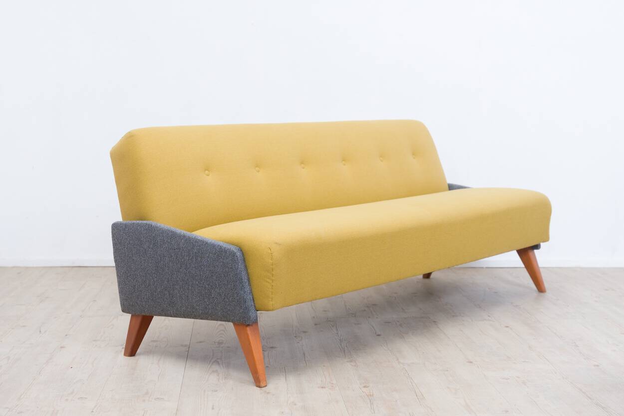 1950s streamline design sofa bed – Light yellow & grey mottled
