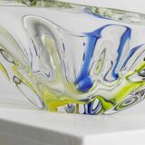 Large Murano Glass Bowl in Clear with Blue & Yellow Swirls – Oval Vintage Italian Design (1970s)