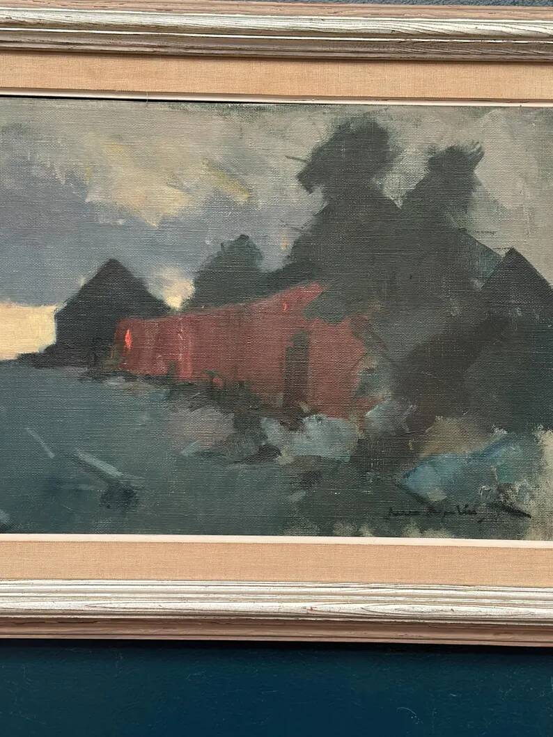 Original Swedish Oil on Canvas – “Red Barn” by Arne Aspelin – Signed – Vintage & Framed – 70 × 50 cm (27.6" × 19.7")