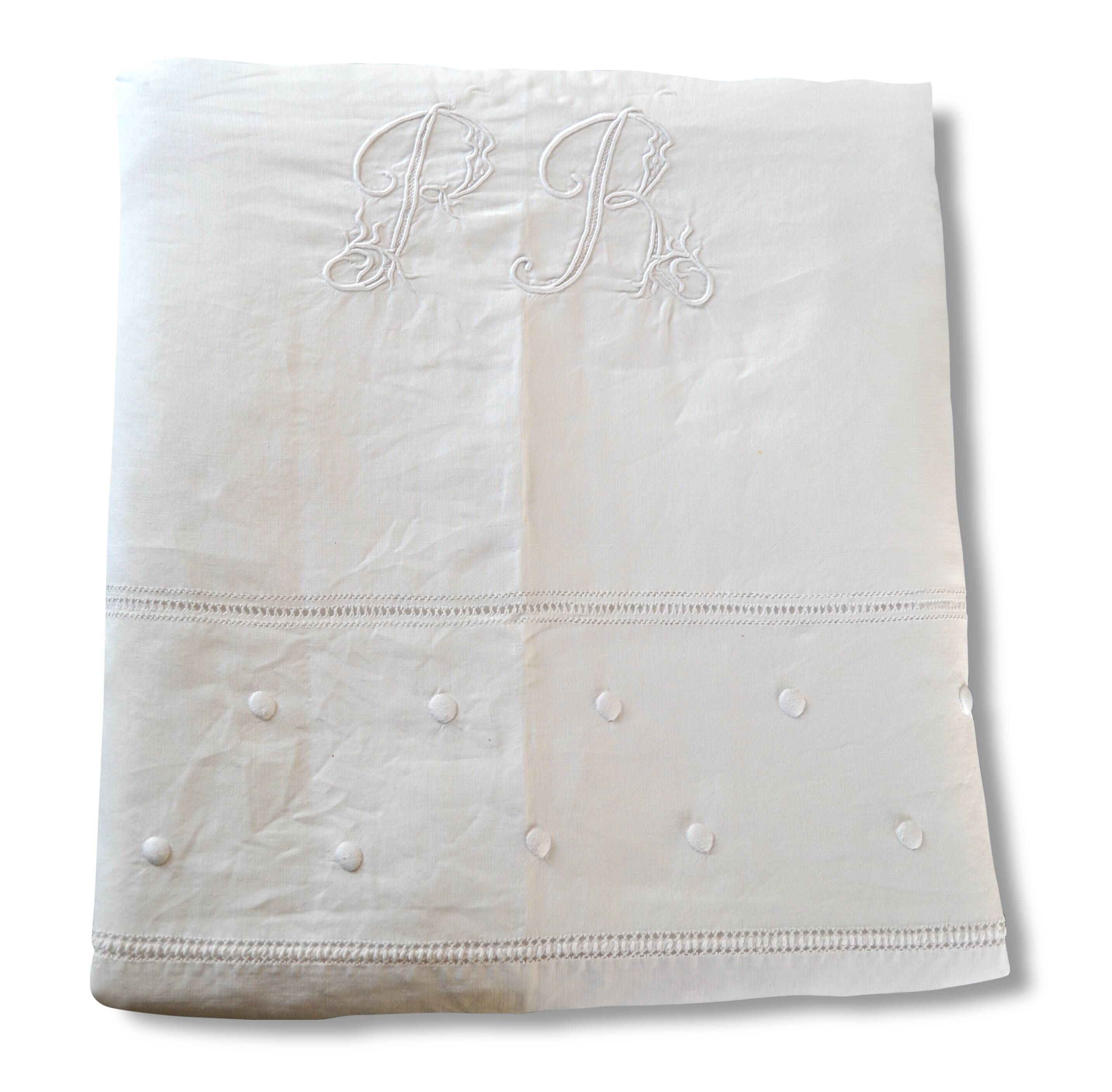 Old linen, flat sheet, embroidered Monogram "PR", with return