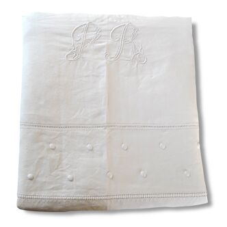 Old linen, flat sheet, embroidered Monogram "PR", with return