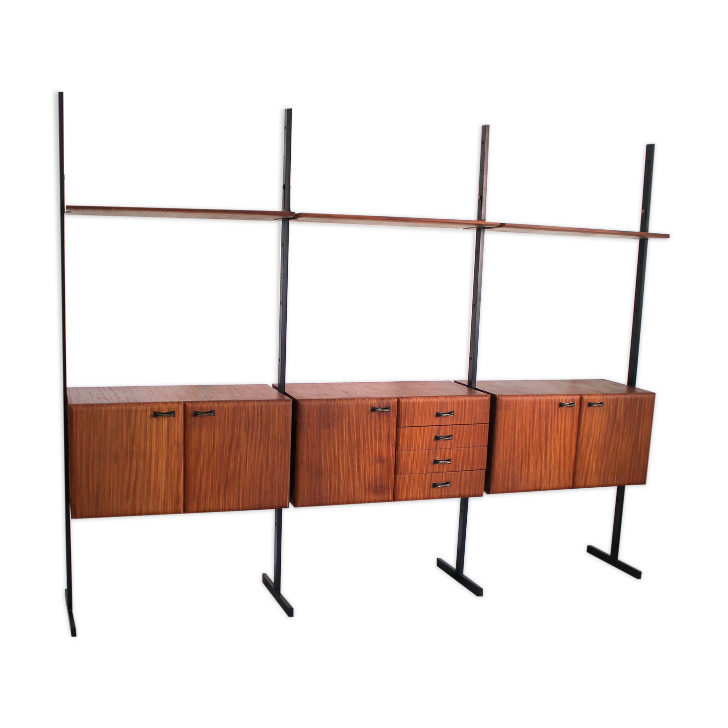 Bookcase in slab wood and black metal, Italy 50s