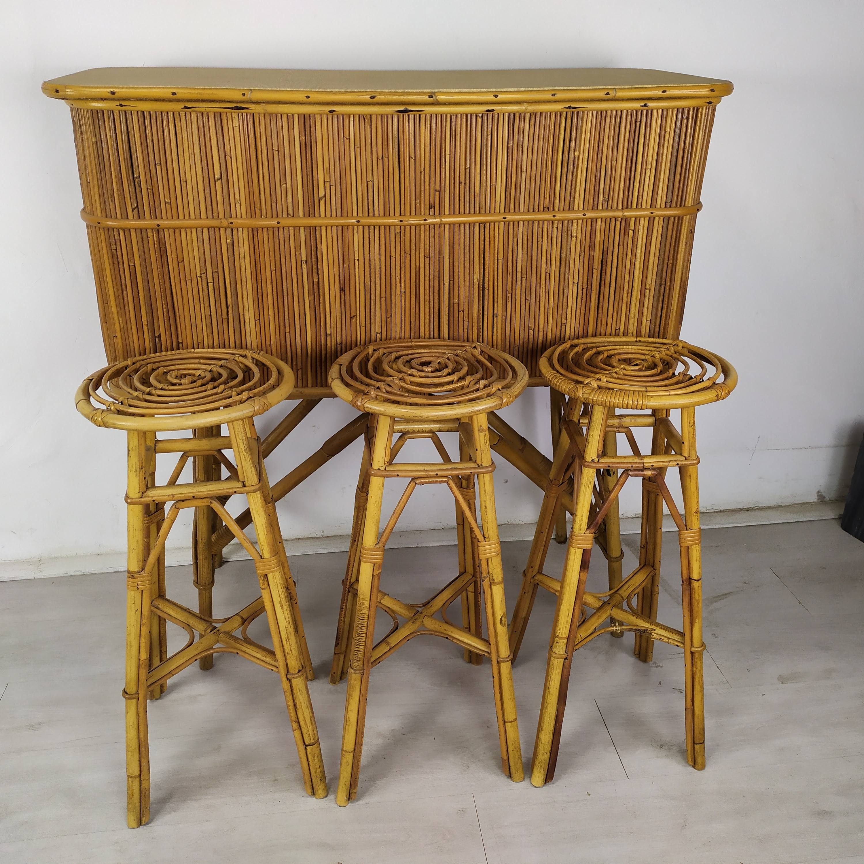 Vintage rattan bar and stools