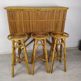 Vintage rattan bar and stools